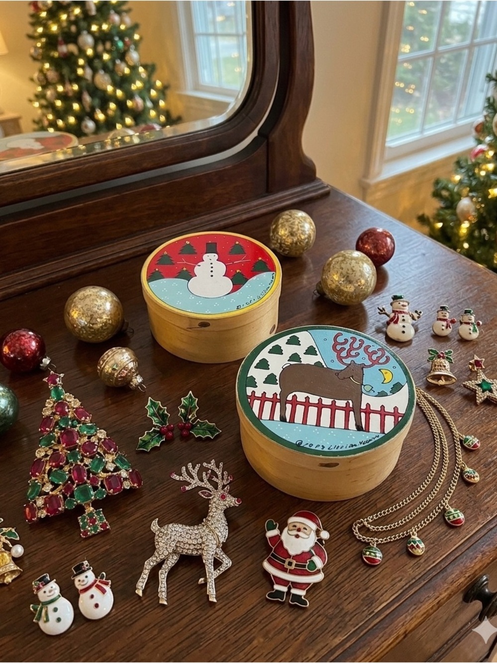 Vintage 1983 Hand Painted Lillian Vernon 2 Nesting Gift Boxes Snowman Reindeer